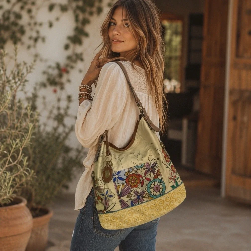 Fossil Long Live Vintage Canvas Floral Retro Hobo Bag Purse Y2K Hippie Boho